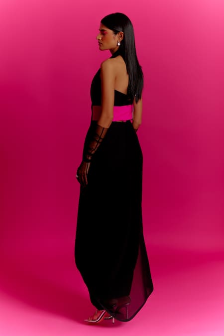 Shop Mini Sondhi Black Crepe Applique, Beads V-neck Trouser Set With Embroidered Drape Online at Aza Fashions Shop_Mini Sondhi_Black Crepe Applique, Beads V-neck Trouser Set With Embroidered Drape _Online_at_Aza_Fashions