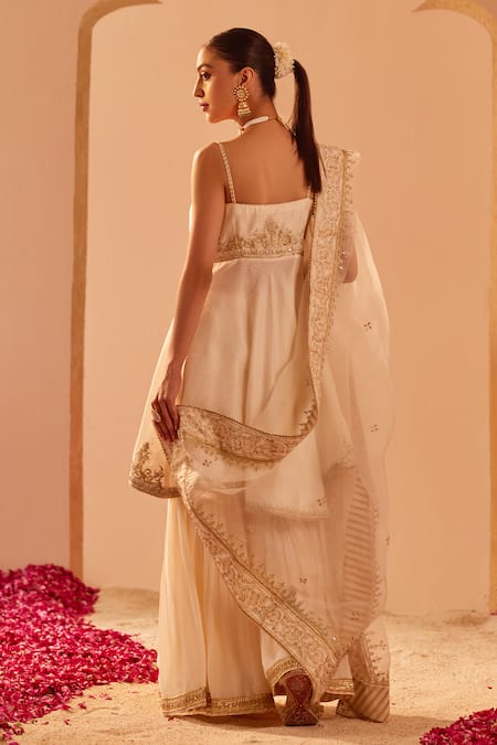 Sheetal Batra_Ivory , Georgette, Organza Embroidery, Tahira Kurta Gharara Set _Online_at_Aza_Fashions