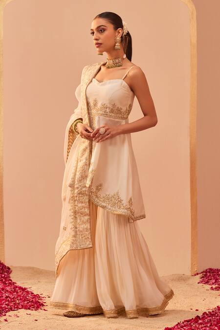 Buy_Sheetal Batra_Ivory , Georgette, Organza Embroidery, Tahira Kurta Gharara Set _Online_at_Aza_Fashions