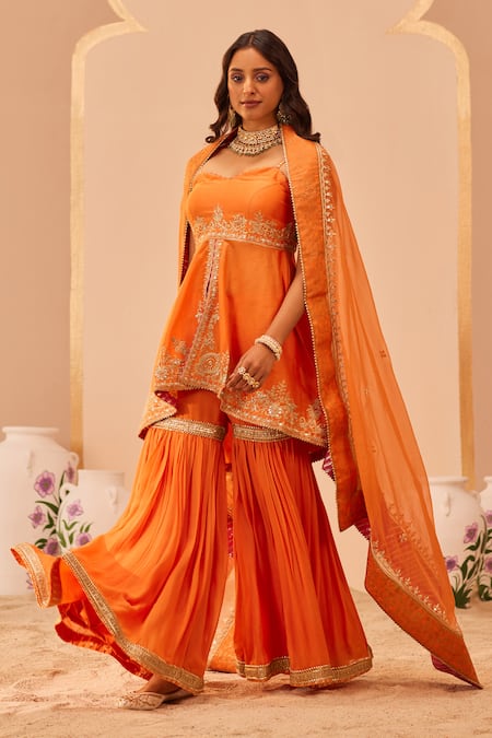 Buy_Sheetal Batra_Orange Organza, Georgette, Embroidery Sweetheart Tahira Kurta Set _Online_at_Aza_Fashions