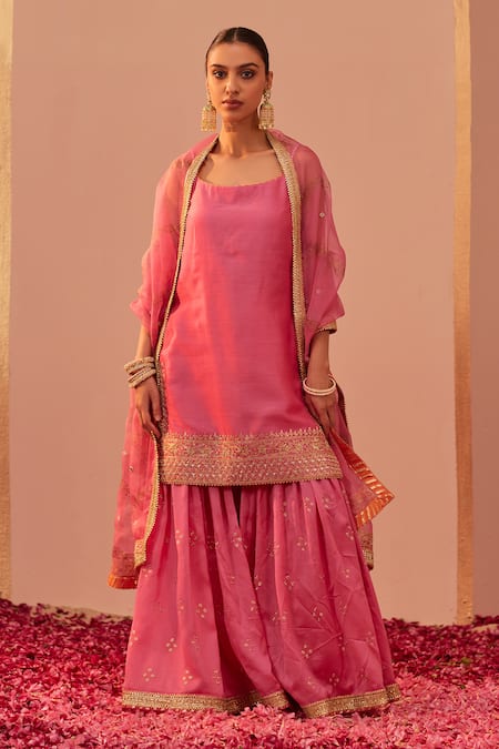 Sheetal Batra Pink Kurta And Gharara Silk Chanderi Embroidery Tilla Square Neck Yasmin Set 