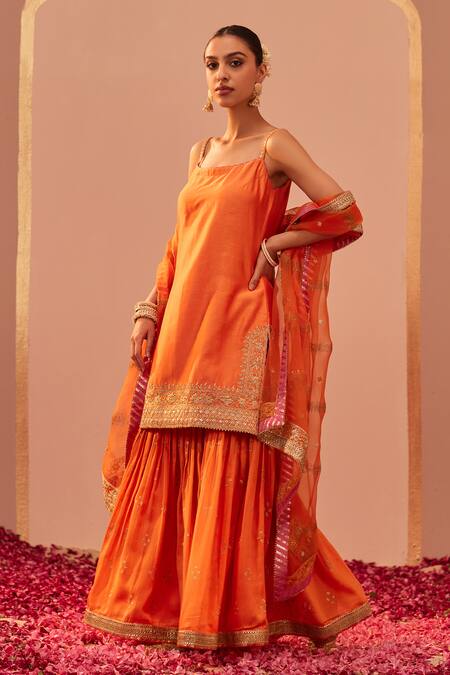 Buy_Sheetal Batra_Orange , Organza, Chanderi Gota Patti, Zari, Yasmin Kurta Set _Online_at_Aza_Fashions