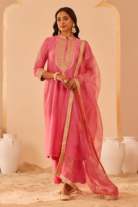 Sheetal Batra Pink Kurta And Palazzo Silk Chanderi Embroidery Tilla Band Collar Zaniab Set 