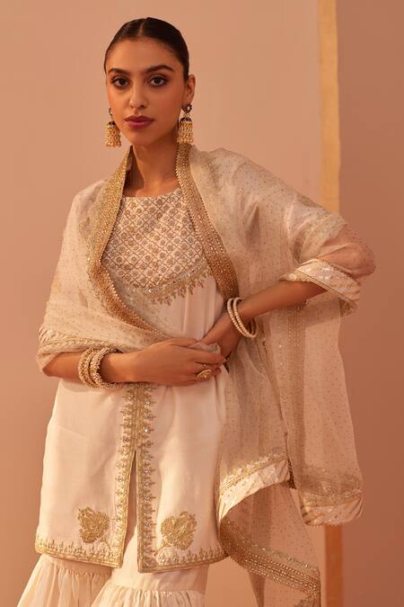 Buy_Sheetal Batra_Ivory Silk Organza, Silk, Chanderi Gota Patti, Mirrors, Suhair Kurta Set _Online_at_Aza_Fashions