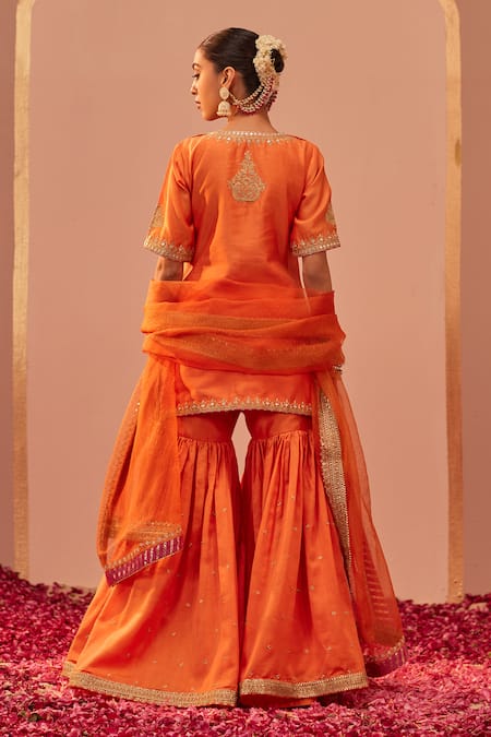 Sheetal Batra_Orange , Organza, Chanderi Gota Patti, Suhair Kurta Gharara Set _Online_at_Aza_Fashions