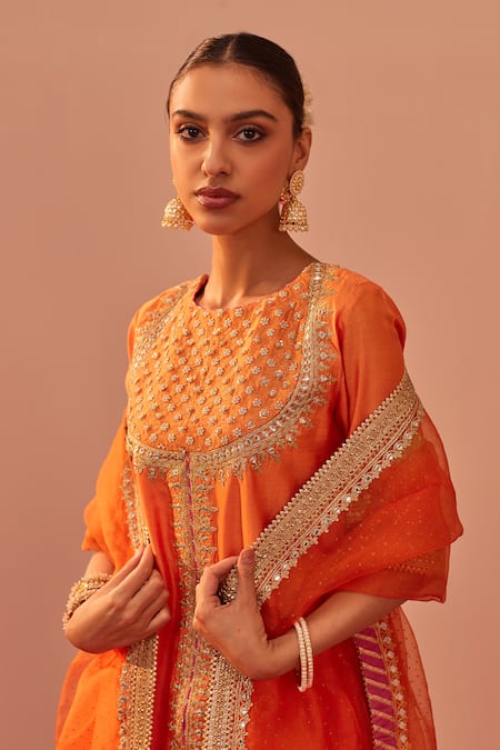Buy_Sheetal Batra_Orange , Organza, Chanderi Gota Patti, Suhair Kurta Gharara Set _Online_at_Aza_Fashions