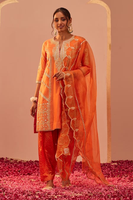 Tangerine Orange Silk Chanderi & Banarasi Embroidered Choga Kurta Set  Design by Sheetal Batra at Pernia's Pop Up Shop 2024