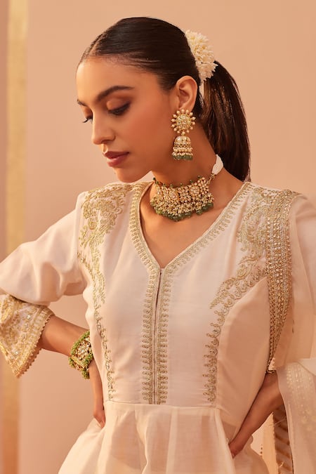 Sheetal Batra_Ivory , Chanderi, Georgette, Fatima Peplum Anarkali Gharara Set _Online_at_Aza_Fashions