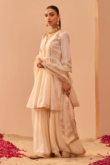 Shop_Sheetal Batra_Ivory , Chanderi, Georgette, Fatima Peplum Anarkali Gharara Set _Online_at_Aza_Fashions