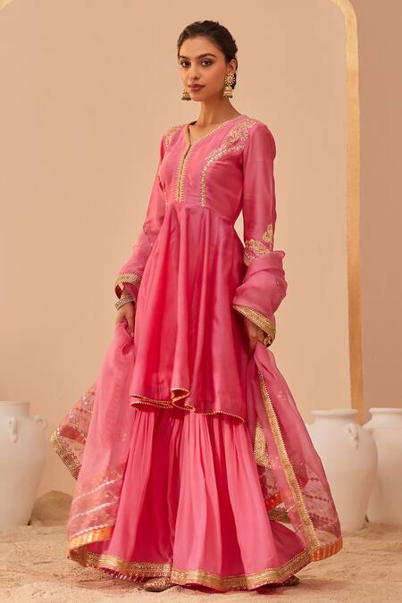 Shop Sheetal Batra Pink , Georgette, Organza Embroidery, Fatima Zari Peplum Anarkali Set Online at Aza Fashions Shop_Sheetal Batra_Pink , Georgette, Organza Embroidery, Fatima Zari Peplum Anarkali Set _Online_at_Aza_Fashions