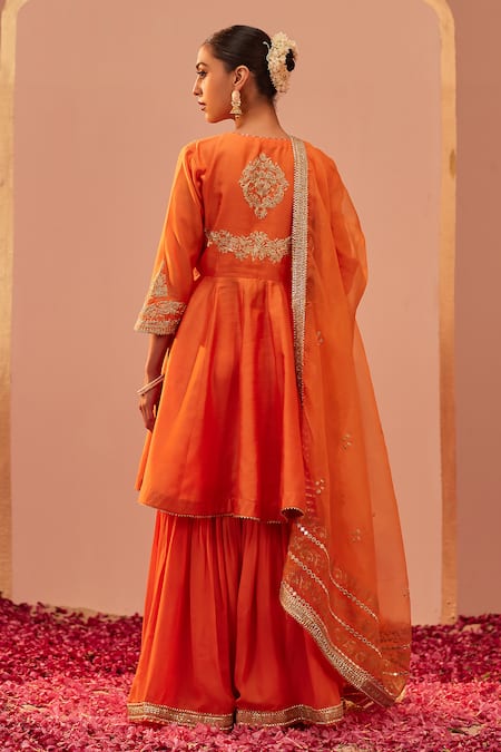 Sheetal Batra_Orange , Chanderi, Georgette, Fatima Peplum Anarkali Gharara Set _Online_at_Aza_Fashions