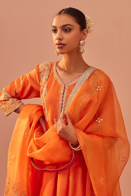 Buy_Sheetal Batra_Orange , Chanderi, Georgette, Fatima Peplum Anarkali Gharara Set _Online_at_Aza_Fashions