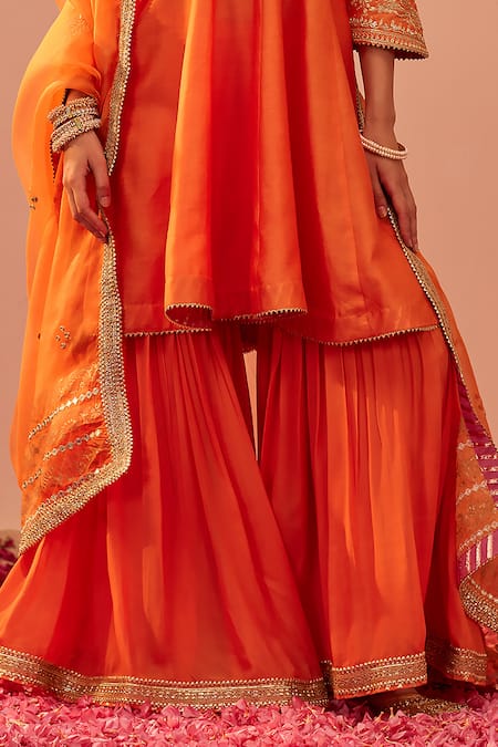 Shop_Sheetal Batra_Orange , Chanderi, Georgette, Fatima Peplum Anarkali Gharara Set _Online_at_Aza_Fashions