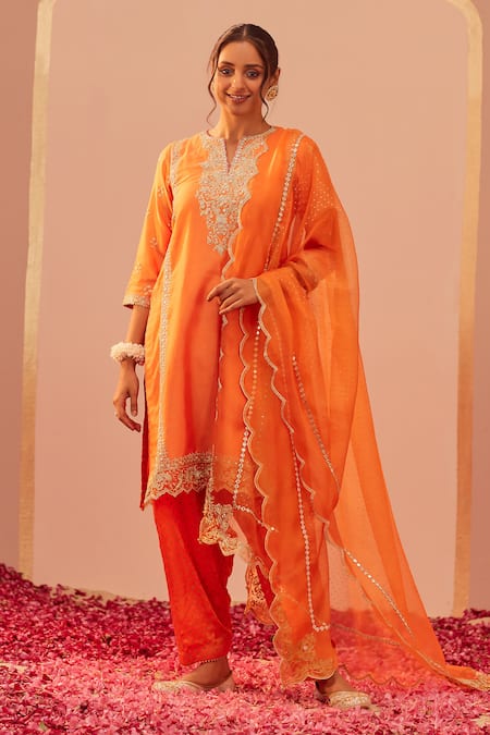 Red Orange Anarkali Set with Contrast Dupatta - Redpine Designs - East  Boutique