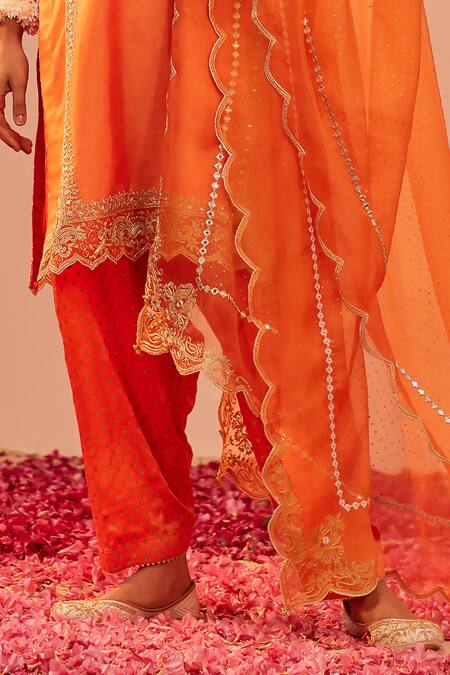 Sheetal Batra_Orange Organza, Satin, , Bamboo Lace, Cut Work, Aaima Kurta Set _Online_at_Aza_Fashions