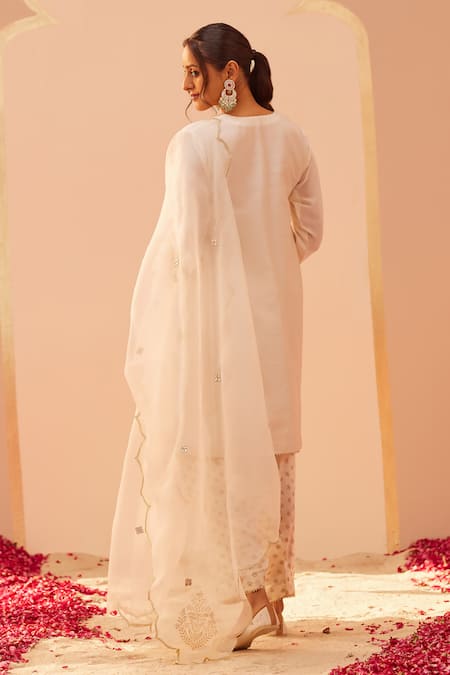 Sheetal Batra_Ivory Bamboo, Silk Organza Foil Printing, Embroidery Aymra Zari Choga Set _Online_at_Aza_Fashions