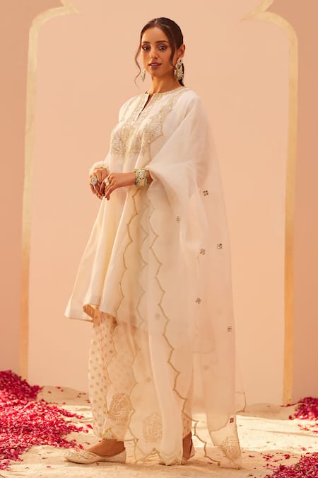 Shop_Sheetal Batra_Ivory Bamboo, Silk Organza Foil Printing, Embroidery Aymra Zari Choga Set _Online_at_Aza_Fashions