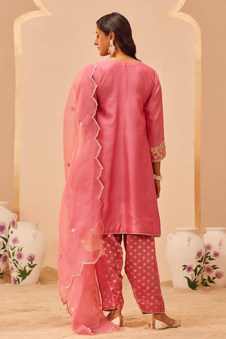 Sheetal Batra_Pink Bamboo, Silk Organza Embroidery, Foil Printing Aymra Choga Set _Online_at_Aza_Fashions