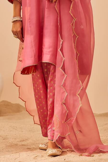 Buy_Sheetal Batra_Pink Bamboo, Silk Organza Embroidery, Foil Printing Aymra Choga Set _Online_at_Aza_Fashions