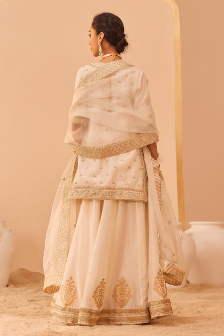 Sheetal Batra_Ivory , Chanderi, Organza Foil Printing, Faaiza Kurta Lehenga Set _Online_at_Aza_Fashions