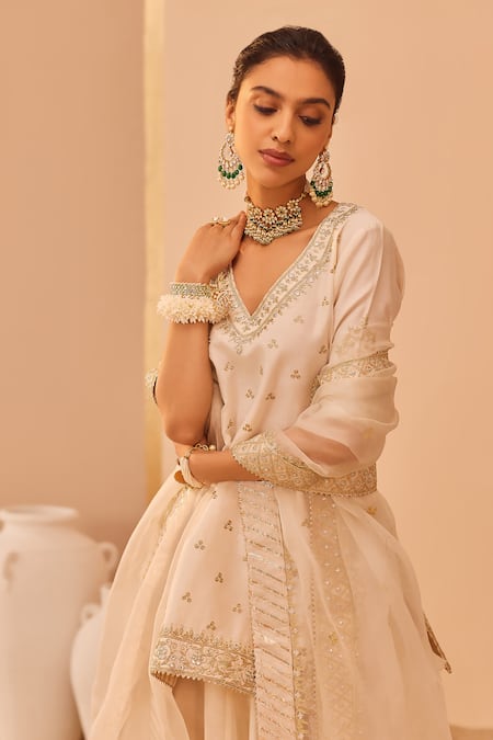Buy_Sheetal Batra_Ivory , Chanderi, Organza Foil Printing, Faaiza Kurta Lehenga Set _Online_at_Aza_Fashions