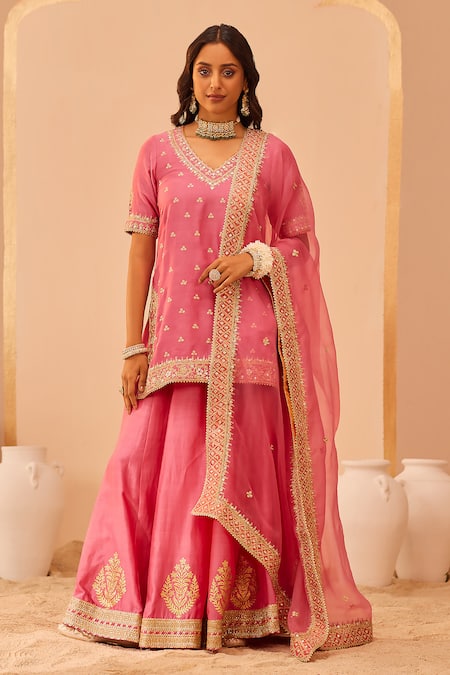 Sheetal Batra Pink Kurta And Lehenga Silk Chanderi Embroidery Tilla Leaf Neck Faaiza Set 