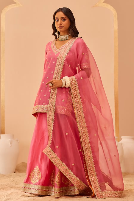 Buy Sheetal Batra Pink Silk Organza, Silk, Chanderi Embroidery, Faaiza Kurta Lehenga Set Online at Aza Fashions Buy_Sheetal Batra_Pink Silk Organza, Silk, Chanderi Embroidery, Faaiza Kurta Lehenga Set _Online_at_Aza_Fashions