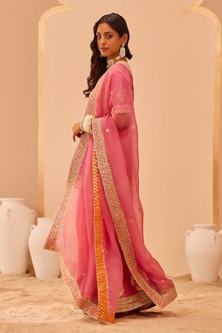 Shop Sheetal Batra Pink Silk Organza, Silk, Chanderi Embroidery, Faaiza Kurta Lehenga Set Online at Aza Fashions Shop_Sheetal Batra_Pink Silk Organza, Silk, Chanderi Embroidery, Faaiza Kurta Lehenga Set _Online_at_Aza_Fashions
