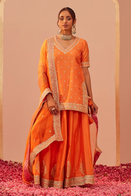 Sheetal Batra Orange Kurta And Lehenga Silk Chanderi Embroidery Tilla Leaf Neck Faaiza Set 