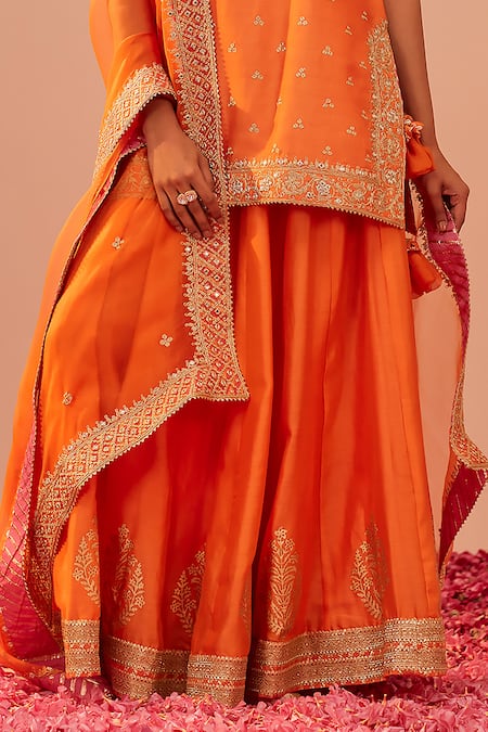 Buy_Sheetal Batra_Orange , Organza Foil Printing, Embroidery Faaiza Chanderi Lehenga Set _Online_at_Aza_Fashions
