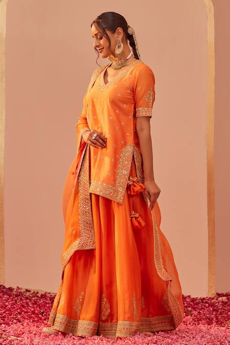 Shop_Sheetal Batra_Orange , Organza Foil Printing, Embroidery Faaiza Chanderi Lehenga Set _Online_at_Aza_Fashions