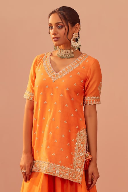 Sheetal Batra_Orange , Organza Foil Printing, Embroidery Faaiza Chanderi Lehenga Set _at_Aza_Fashions