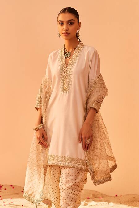 Buy_Sheetal Batra_Ivory Satin, , Chanderi, Bamboo, Organza Kurta Set With Dhoti _Online_at_Aza_Fashions