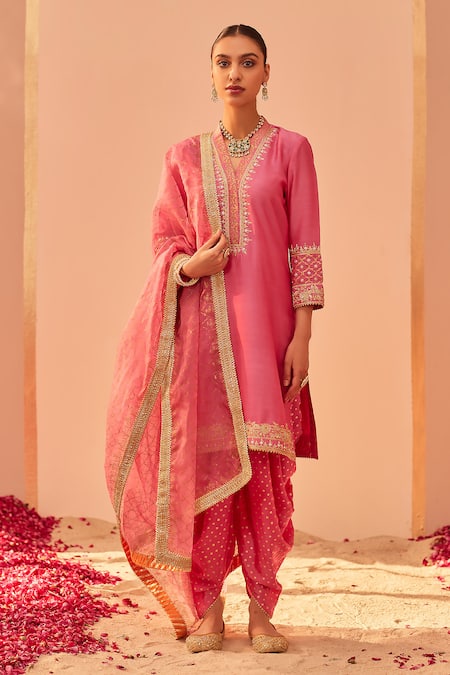 Sheetal Batra Pink Kurta Silk Chanderi Embroidery Tilla V Neck Faheeda Short Dhoti Pant Set