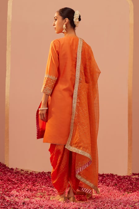 Sheetal Batra_Orange , Bamboo, Organza Zari, Gota Faheeda Kurta Dhoti Pant Set _Online_at_Aza_Fashions
