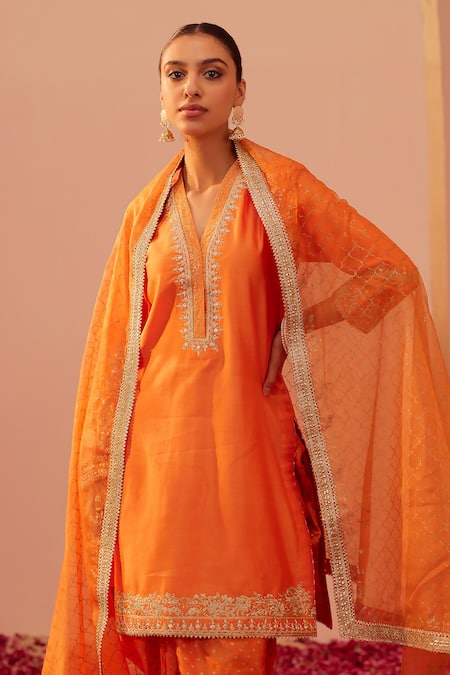 Buy_Sheetal Batra_Orange , Bamboo, Organza Zari, Gota Faheeda Kurta Dhoti Pant Set _Online_at_Aza_Fashions
