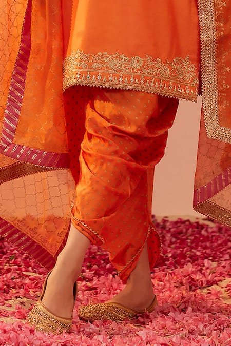 Shop_Sheetal Batra_Orange , Bamboo, Organza Zari, Gota Faheeda Kurta Dhoti Pant Set _Online_at_Aza_Fashions