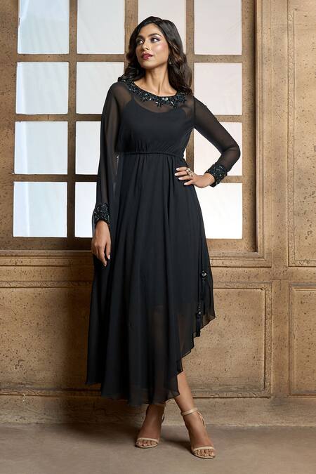 Aariyana Couture_Black Viscose, Georgette, Taffeta Embroidery Round Neck Placement Flower Tunic_Online_at_Aza_Fashions