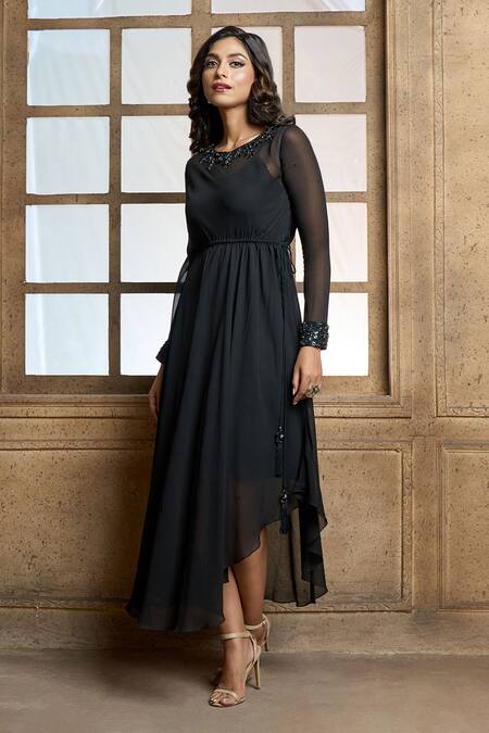 Shop_Aariyana Couture_Black Viscose, Georgette, Taffeta Embroidery Round Neck Placement Flower Tunic_Online_at_Aza_Fashions