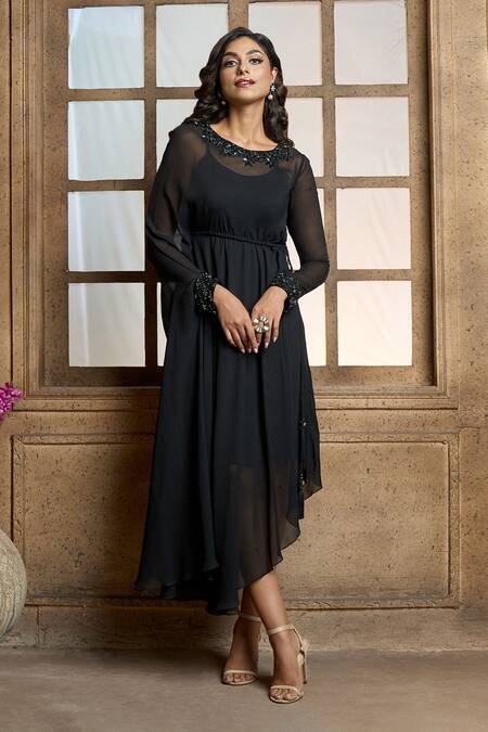 Aariyana Couture_Black Viscose, Georgette, Taffeta Embroidery Round Neck Placement Flower Tunic_at_Aza_Fashions