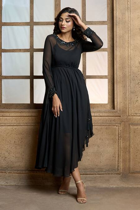 Buy_Aariyana Couture_Black Viscose, Georgette, Taffeta Embroidery Round Neck Placement Flower Tunic