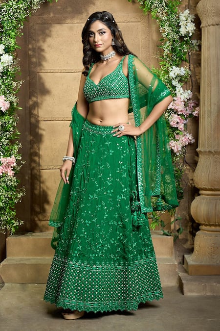 Buy_Aariyana Couture_Green Silk, Net Tassels, Mirrors, Embroidery V-neck Flower Bridal Lehenga Set