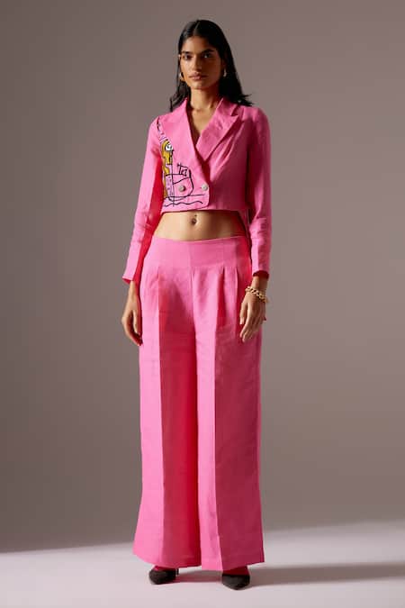 Mini Sondhi Pink Linen Embroidery Collared Jacket And Trouser Set at Aza Fashions Mini Sondhi_Pink Linen Embroidery Collared Jacket And Trouser Set _at_Aza_Fashions