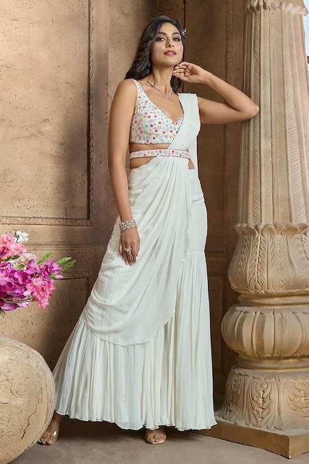 Buy_Aariyana Couture_Ivory Silk, Viscose, Georgette, Denim Pre-draped Pant Saree And Blouse Set _Online_at_Aza_Fashions