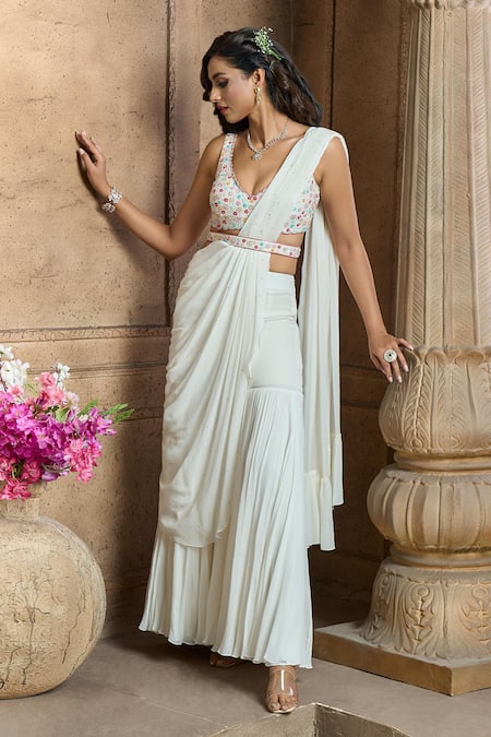 Aariyana Couture_Ivory Silk, Viscose, Georgette, Denim Pre-draped Pant Saree And Blouse Set _at_Aza_Fashions