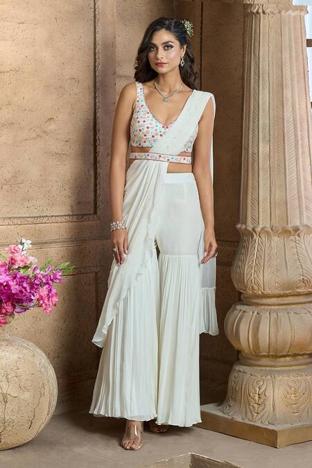 Buy_Aariyana Couture_Ivory Silk, Viscose, Georgette, Denim Pre-draped Pant Saree And Blouse Set 