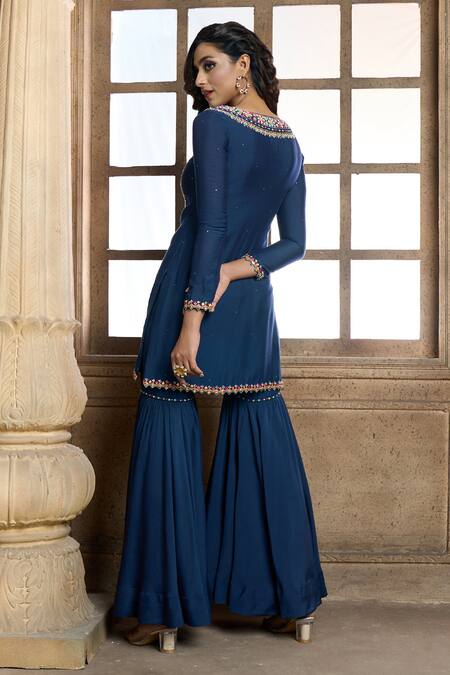 Shop Aariyana Couture Blue Cotton, Silk, Chiffon Embroidery Round Neck Floral Yoke Kurta Sharara Set at Aza Fashions Shop_Aariyana Couture_Blue Cotton, Silk, Chiffon Embroidery Round Neck Floral Yoke Kurta Sharara Set_at_Aza_Fashions