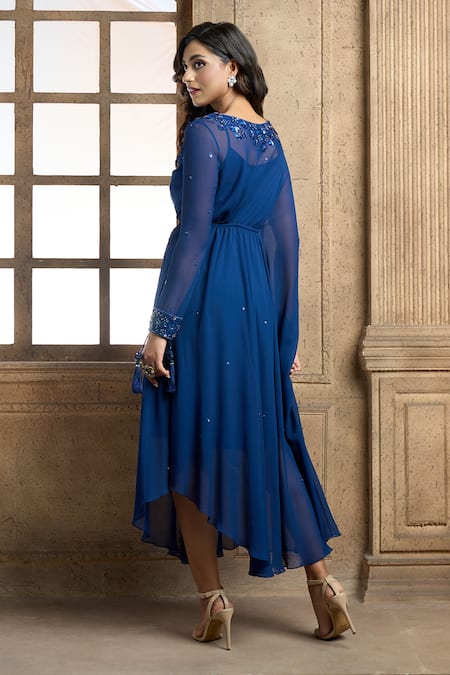 Shop Aariyana Couture Blue Viscose, Georgette, Taffeta Embroidery Round Neck Placement Floral Tunic at Aza Fashions Shop_Aariyana Couture_Blue Viscose, Georgette, Taffeta Embroidery Round Neck Placement Floral Tunic_at_Aza_Fashions