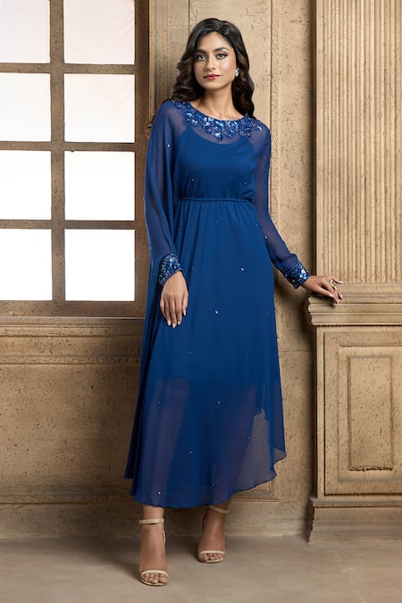 Aariyana Couture Blue Viscose, Georgette, Taffeta Embroidery Round Neck Placement Floral Tunic Online at Aza Fashions Aariyana Couture_Blue Viscose, Georgette, Taffeta Embroidery Round Neck Placement Floral Tunic_Online_at_Aza_Fashions
