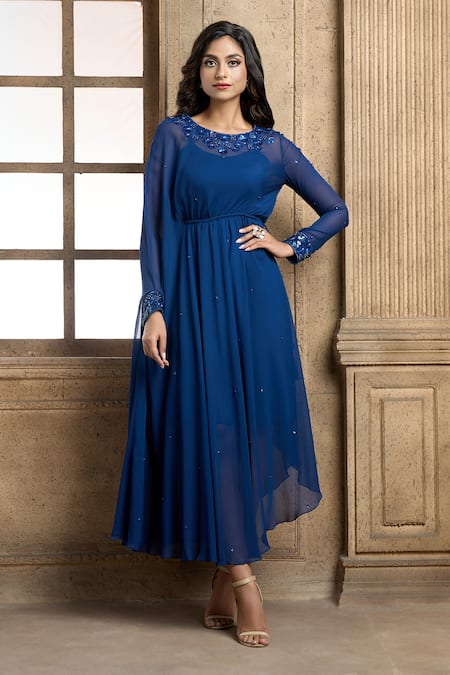 Aariyana Couture Blue Viscose, Georgette, Taffeta Embroidery Round Neck Placement Floral Tunic at Aza Fashions Aariyana Couture_Blue Viscose, Georgette, Taffeta Embroidery Round Neck Placement Floral Tunic_at_Aza_Fashions